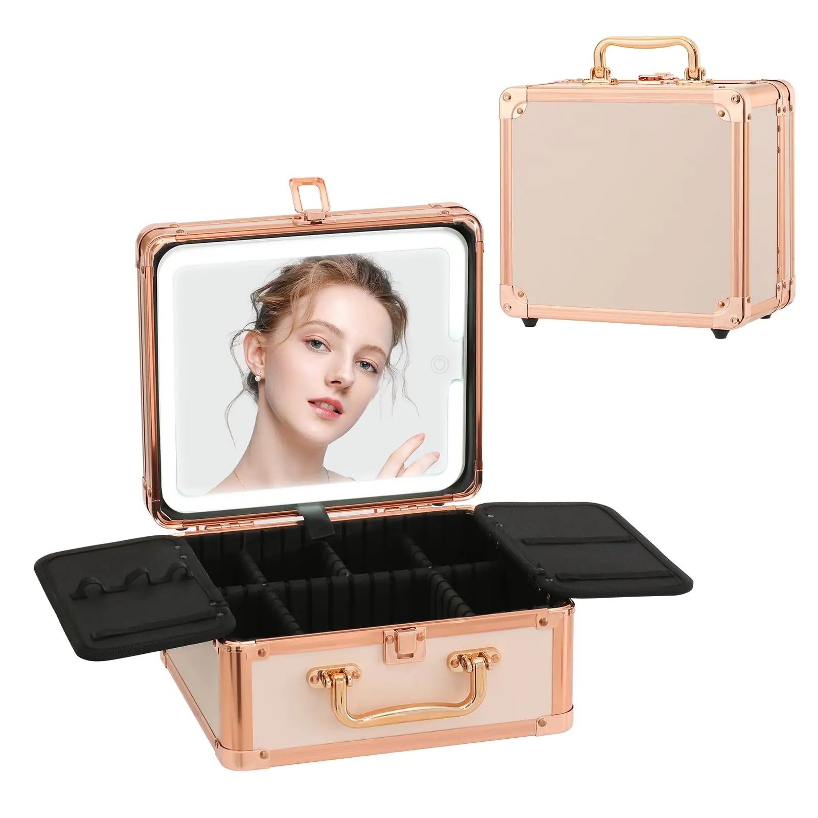 Portable Makeup Box with LED Mirror – Waterproof Travel Cosmetic Suitcase with Adjustable Dividers